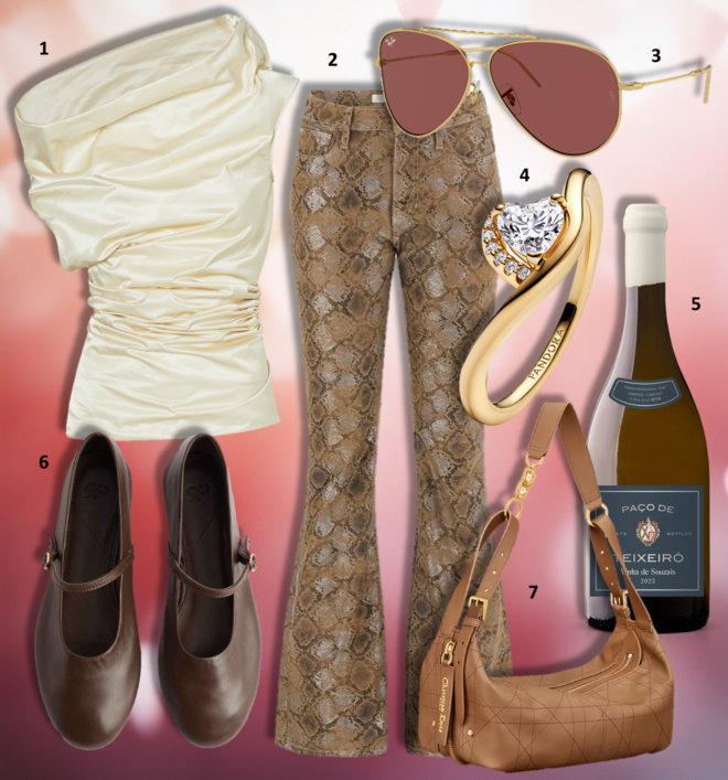 1. Top, €69,99, Mango Selection; 2. Calças, €220, Guess; 3. Óculos de sol, €184, Ray-Ban na sunglass hut; 4. Anel Wavy Heart, €89, Pandora; 5. Vinho verde Paço de Teixeiró, Vinha de Souzais 2023 (preço sob consulta); 6. Sabrinas, €39,99, Parfois (exclusivo online); 7. Carteira D-Journey Medium, €3900, Dior.
