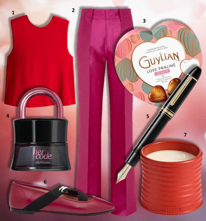 1. Top, €39,99, H&M; 2. Calças, €177,94, The Kemist; 3. Caixa de chocolates Love Praliné Hearts, Guylian (preço sob consulta); 4. Eau de parfum Her Code Touch, 50ml, €45,99, O Boticário; 5. Caneta de aparo Meisterstück Gold-Coated 149, €990, Montblanc; 6. Sabrinas Energy, €300, Longchamp; 7. Vela Medium Tomato Leaves, €180, Loewe. 