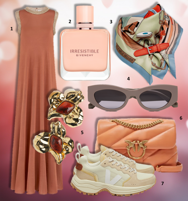 1. Vestido, €5900, Dior; 2. Eau de parfum Irresistible Nude Velvet, 50ml, €121, Givenchy; 3. Lenço Pele-Mele Sellier, 70cm, Hermès (preço sob consulta); 4. Óculos de sol, €130, Calvin Klein Jeans; 5. Brincos, €19,99, H&M; 6. Carteira Mini Love Bag Puff, €355, Pinko; 7. Ténis, €195, Veja X Bimba Y Lola.