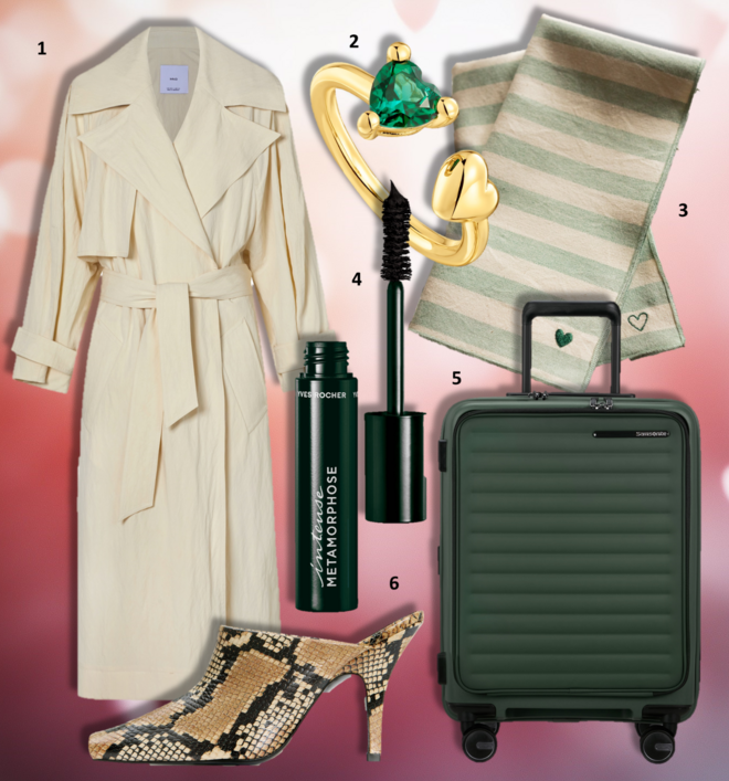 1. Trench-coat, €129,99, Mango Selection; 2. Anel Garden of Love LGG, €139, Tous; 3. Guardanapos Barra, €21,99, Torres Novas; 4. Máscara de pestanas Intense Métamorphose, €22,95, Yves Rocher; 5. Mala de cabine Restackd, 55cm, €325, Samsonite; 6. Mules, €89,99, Mango Selection. 