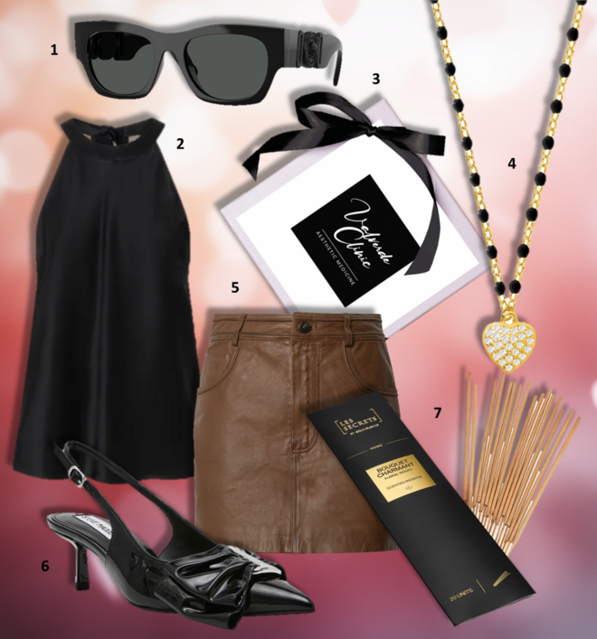 1. Óculos de sol, €284, Versace na sunglass hut; 2. Top, €195, Pinko; 3. Cartão presente, Valverde Clinic (preço sob consulta); 4. Colar, €34,90, Eugénio Campos; 5. Saia, Pepe Jeans (preço sob consulta); 6. Sapatos Kaci, €119,99, Steve Madden; 7. Sticks de incenso Les Secrets Bouquet Charmant, €5,95, Euqivalenza.  