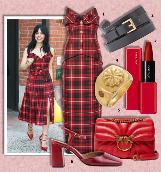 1.Vestido, €1592, Alessandra Rich, em mytheresa.com; 2. Cinto, Mango Selection (preço sob consulta); 3. Batom TechnoSatin Gel Lipstick, no tom 413 Mainframe, €38, Shiseido; 4. Anel Aimê, €120, Arcane; 5. Carteira Love Puff Butterfly, €385, Pinko; 6. Sapatos, €139,90, Zilian.