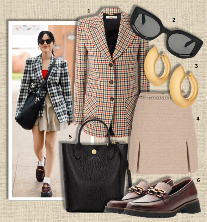 1.Blazer, €2590, Chloé; 2. Óculos de sol, €397, Celine na Óptica Boavista; 3. Brincos Sarah, €175, Cinco na Boutique dos Relógios; 4. Saia, €180, Marciano by Guess; 5. Carteira Épure XS, €320, Longchamp; 6. Mocassins, €107,50, Ara Shoes.