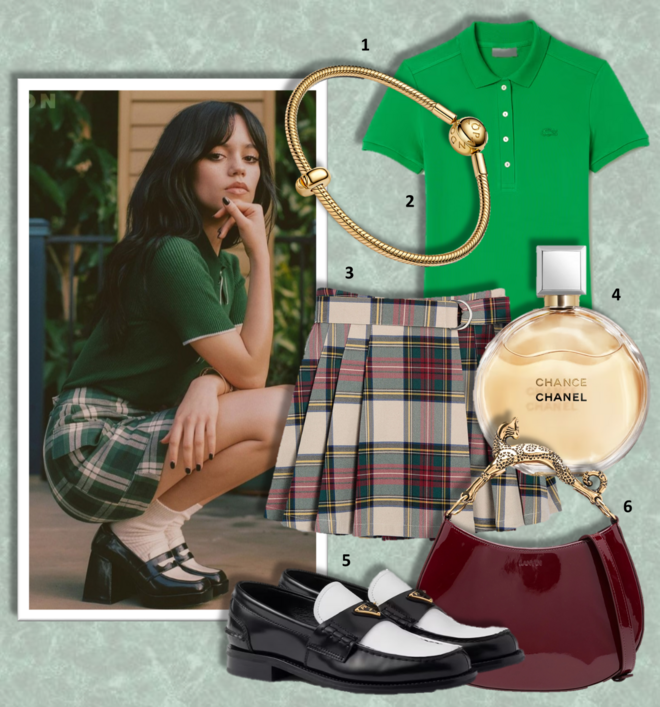 1. Conta-clip Round, €39. Pandora; 2. Pólo, €110, Lacoste; 3. Saia, €39,99, Parfois; 4. Eau de parfum Chance, 100ml, €168, Chanel; 5. Mocassins, €950, Prada; 6. Carteira Cat Hand, €1990, Lanvin na Stivali.