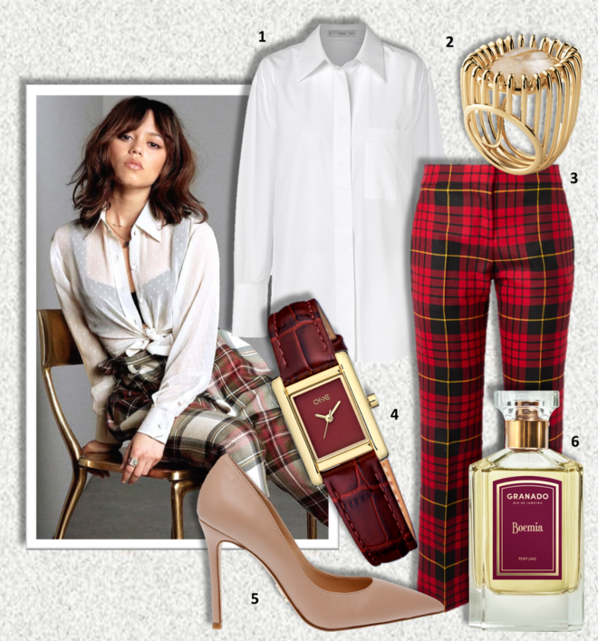 1.Camisa, €49,99, Mango; 2. Anel H Booming, Hermès (preço sob consulta); 3. Calças, €960, Alexander McQueen, em net-a-porter.com; 4. Relógio Vintage, €119, One; 5. Sapatos Evelyn-E, €119,99, Steve Madden; 6. Eau de parfum Boemia, 75ml, €140, Granado.