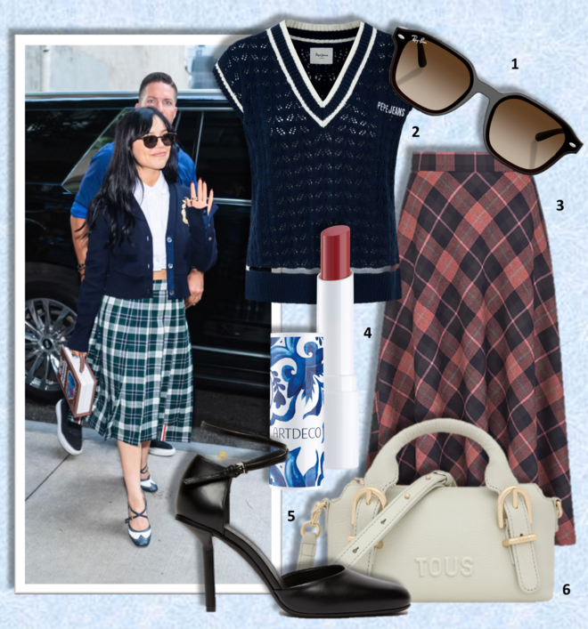 1. Óculos de sol RB4458D, €147, Ray-Ban; 2. Colete, €79,90, Pepe Jeans; 3. Saia, €3000, Dior; 4. Batom da coleção Tales of the Ocean & Lights, €13,95, Artdeco, exclusivo na Perfumes & Companhia; 5. Sapatos, €423, Max Mara; 6. Carteira, €199, Tous.