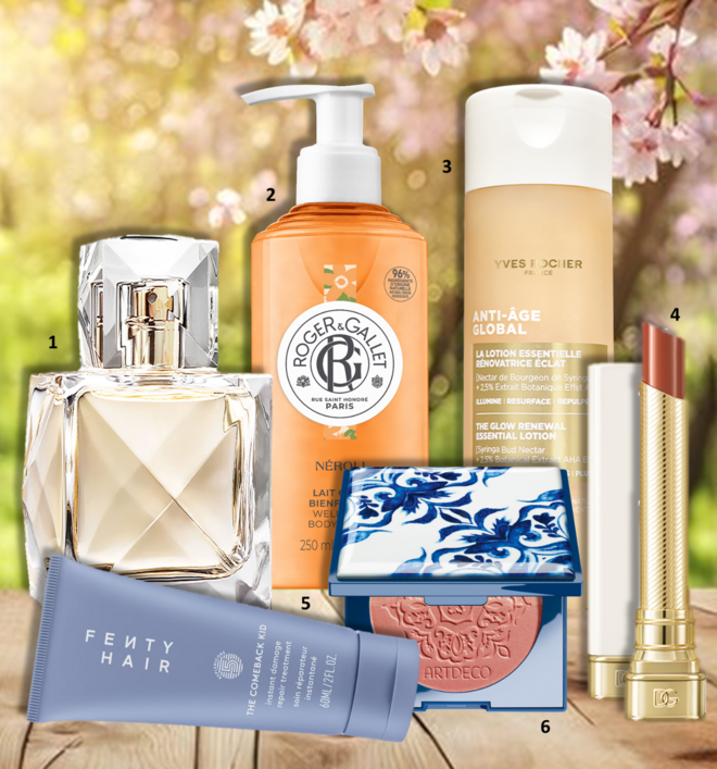 1.Eau de parfum Xo Khloé, 100ml, €79, Khloé kardashian na Douglas; 2. Leite de corpo de bem-estar Néroli, 250ml, €16,30, Roger & Gallet; 3. Loção Renovadora Global Anti-Âge Radiance, €29,95, Yves Rocher; 4. Batom My Sculpt Satin, €45, Dolce & Gabbana; 5. Cuidado Reparador The Comeback Kid, €19,90, Fenty Hair na Sephora; 6. Blush Tales of Ocean & Ligth, €27,95, Artdeco, exclusivo na Perfumes & Companhia. 