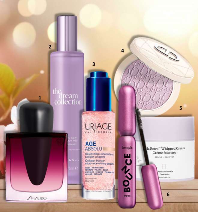 1. Eau de parfum Ginza Datura, 50ml, €95,38, Shiseido; 2. Bruma perfumada The Dream Collection Hair & Body Mist, 50ml, €20,90, Rituals; 3. Sérum Age Absolu Microrredensificante Potenciador de Colagénio, 30ml, €46,62, Uriage; 4. Iluminador Forever Couture Luminizer – Glowmania, Limited Edition, €58, Dior; 5. Creme hidratante Lala Retro Whipped Cream, €66,99, Drunk Elephant; 6. Máscara de pestanas BADgal Bounce, €33, Benefit. 