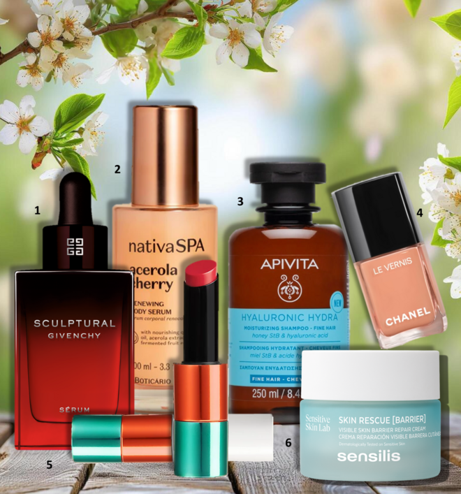 1. Sérum Sculptural, 30ml, €144, Givenchy, exclusivo no El Corte Inglés; 2. Sérum corporal Renovador Nativa Spa Acerola Cherry, 100ml, €19,99, O Boticário (edição limitada); 3. Champô de Hidratação para Cabelo Fino Hyaluronic Hydra, €15,20, Apivita; 4. Verniz Le Vernis no tom 195 Poète, €33, Chanel; 5. Batom Silky Lipstick Shine no tom Rose Gélatine, Limited Edition, €75, Hermès; 6. Creme de rosto Reparador Skin Rescue Barrier, €42, Sensilis.  