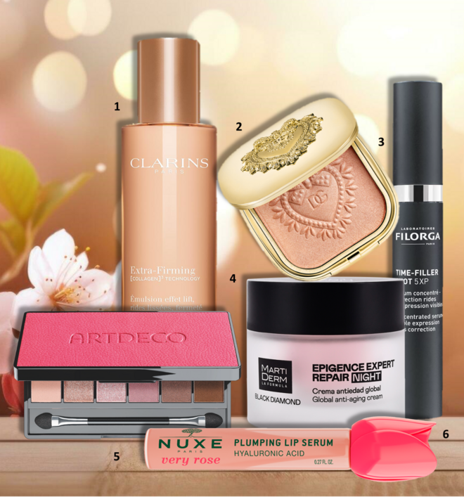 1. Emulsão Extra-Firming Emulsion - Firmeza 40+, €98, Clarins; 2. Blush Devotion Everlift, €55, Dolce & Gabbana; 3. Sérum Concentrado para Correção de Rugas de Expressão Time-Filler Shot 5PX, €62,90, Filorga; 4. Creme Black Diamond Epigence Expert Repair Night, 50 ml, €91,60, MartiDerm; 5. Paleta de sombras Iconic, €18,95, Artdeco, exclusivo na Perfumes & Companhia; 6. Sérum Labial Repulpante Very Rose, €23,90, Nuxe.  