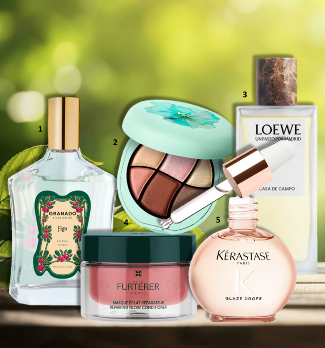 1.Colónia Figo, 100ml, €65, Granado; 2. Paleta de sombras Dreamphoria Cloud Whisper, €23,99, Kiko; 3. Eau de parfum Un Paseo por Madrid Casa de Campo, €275, Loewe; 4. Máscara reparadora de brilho, €36,95, René Furterer; 5. Óleo capilar Glaze Drops, €45, Kérastase. 