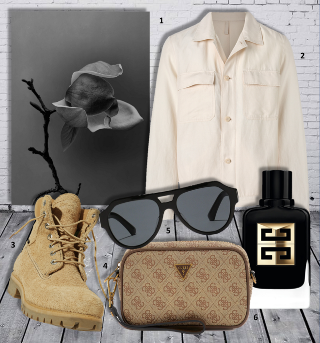 1 .Foto Silence 1, 2025, de €40 a €150, L’absence, em labsence-art.com; 2. Casaco, €69,99, Mango; 3. Botas Gore-Tex , Timberland X Nonnative (preço sob consulta); 4. Bolsa Vezzola Smart, €80, Guess; 5. Óculos de sol Mirror Logo, €315, Dolce & Gabbana; 6. Eau de parfum Gentleman Society Ambrée, 60ml, €109,02, Givenchy Beauty.