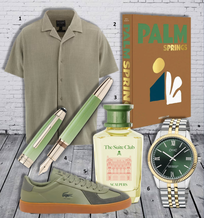 1. Camisa, €99, Guess; 2. Livro Palm Springs, €105, Assouline na Fashion Clinic; 3. Eau de toilette The Suite Club Bottle, 75ml, €48,99, Scalpers, exclusivo na Douglas; 4. Caneta de aparo MST Calligraphy Solitaire Celadon Dégradé, €2400, Montblanc; 5. Ténis Baseshot Pro, €115, Lacoste; 6. Relógio Royal Verde, €139, One.