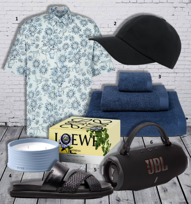 1. Camisa, €1500, Dior and Hylton Nel; 2. Boné, €48, A Line; 3. Toalhas Luxus, a partir de €6,49, Torres Novas; 4. Vela Verbena Outdoor, €215, Loewe; 5. Sandálias Corsano, Ambitious (preço sob consulta); 6. Coluna portátil Charge 6, €199,99, JBL.
