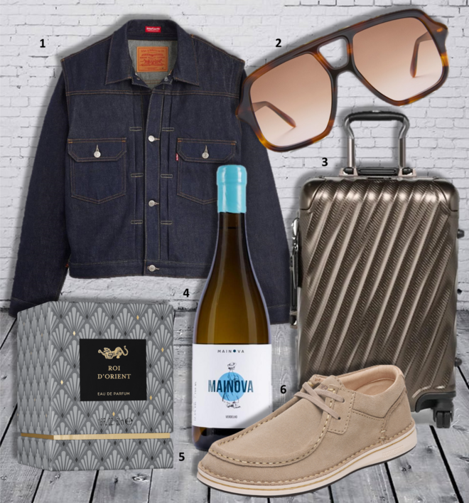 1. Blusão Pinnacle Type III Trucker, €495, Levi’s X Undercover; 2. Óculos de sol Aviator Slim, €290, Loewe; 3. Mala de cabine 19 Degree Aluminium 56cm, €1350, Tumi; 4. Vinho regional alentejano Verdelho 2024, €12,90, Mainova; 5. Eau de parfum The Iconic Collection -  Roi d'Orient, 50ml, €49,90, Rituals; 6. Sapatos Pasadena, €170, Birkenstock. 