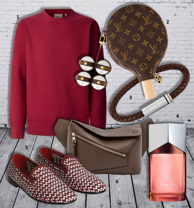 1. Camisola, €69,90, Pepe Jeans; 2. Raquetes de Ping Pong James, Louis Vuitton (preço sob consulta); 3. Pulseira Ares Single, €69, Boss na Boutique dos Relógios; 4. Eau de parfum land, 100ml, €110,50, Montblanc na Perfumes & Companhia; 5. Slippers, €895, Dolce & Gabbana; 6. Carteira Small Puzzle, €2000, Loewe.