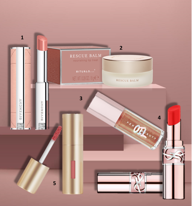 1. Batom Rose Perfecto Shine no tom N109, €45,03, Givenchy Beauty; 2. Bálsamo Fortune Balms, €12,99, Rituals; 3. Óleo Gloss Fenty Glow no tom 06, €28, Fenty Beauty by Rihanna, exclusivo na Sephora; 4. Batom Loveshine no tom 44 Nude Lavallière, €45,99, Yves Saint Laurent; 5. Batom Color Cloud no tom 2 Rosy, €54, Sisley.