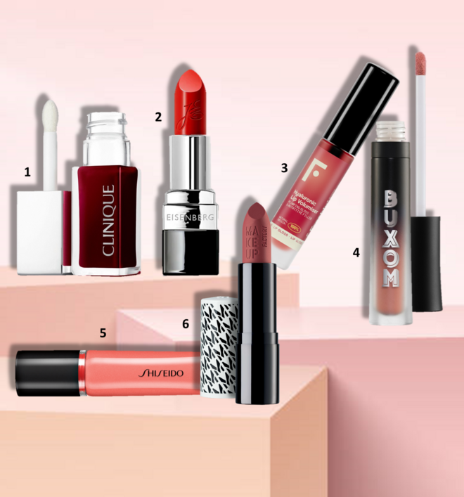 1. Óleo Gloss Black Honey, €31,99, Clinique; 2.  Batom J.E. ROUGE® no tom R01 Rouge Ardent, €42, Eisenberg; 3. Batom Lip Volumiser, €19,95, Freshly Cosmetics; 4. Batom liquido no tom Angel Baby, €25,99, Buxom, exclusivo na Douglas; 5. Batom Shimmer Gel Gloss no tom 05 Sango Peach, €30,22€, Shiseido; 6. Batom Velvet Mat da coleção Effortless Beauty no tom Touch of Fire, €15,95, Make Up Factory exclusivo na Perfumes & Companhia. 