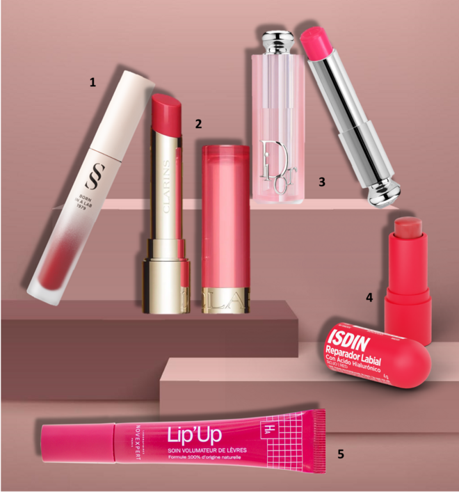 1. Batom Eternal Lips, €24, Sensilis; 2. Óleo Lip Oil Balm no tom 02 Pitaya, €32, Clarins; 3. Batom Dior Addict Lip Glow no tom Raspberry Cool Undertone, €44, Dior; 4. Reparador Labial Stick Vermelho, €8,89€, Isdin; 5. Batom LIP'UP, €19,60, Novexpert. 