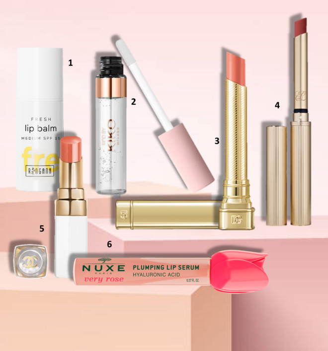 1.Bálsamo Fresh, €12,90, Ringana (edição limitada); 2. Batom Kind By Kiko Hydra Lip Oil no tom 01 Pure Allure, €12,99, Kiko Milano; 3. Batom My Sculpt Satin, €45, Dolce & Gabbana; 4. Batom Explicit Matte Lipstick Pure Color no tom 01 Rebellious Rose, €46,99, Estée Lauder; 5. Batom Rouge Coco Baume, no tom 745 Tender Peach, €45, Chanel; 6. Sérum labial repulpante Very Rose, €23,90, Nuxe.  
