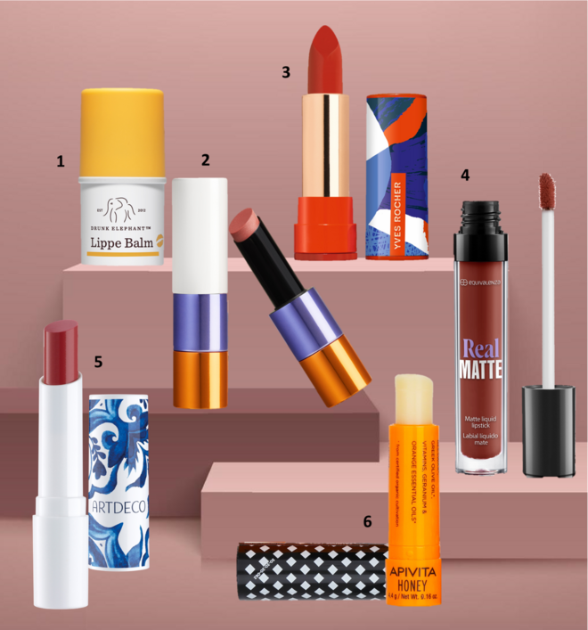 1. Bálsamo Lippe Balm, €19,99, Drunk Elephant; 2. Batom Rouge Brillant Silky no tom 04 Beige Halo, €75, Hermès; 3. Batom Mate, €19,95, Yves Rocher; 4. Batom líquido Real Matte Sensual Red, €7,95, Equivalenza; 5. Batom Color Booster da coleção Tales of the Oceans & Ligths, €13,95, Artdeco, exclusivo na Perfumes & Companhia; 6. Cuidado Labial de Mel, €5,90, Apivita. 