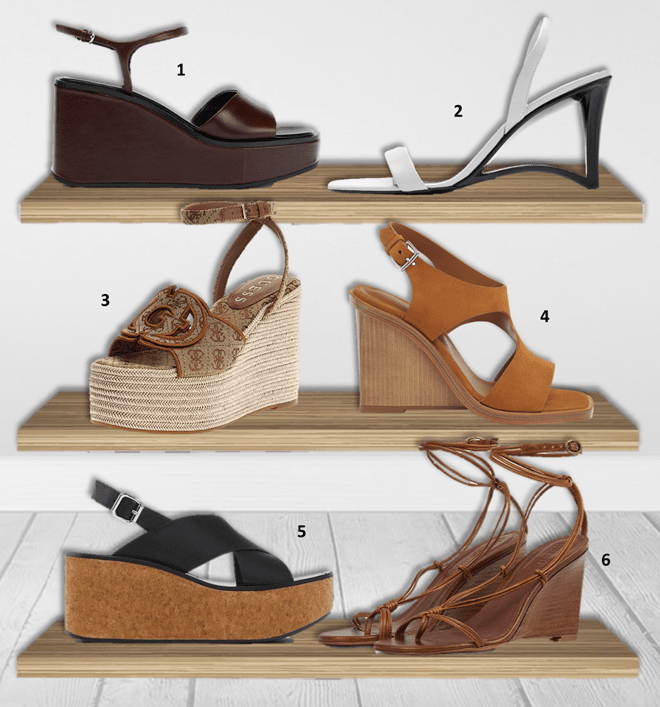 1 Sandals, € 55,95, Zara; 2 Sandálias, 99,95 euros, seleção de manga; 3. Sandálias Tanwei, 165 euros, adivinhem; 4. Sandálias, Hermes (mediante solicitação); 5 Sandals, € 99,95, Massimo Dutti; 6. Connie Sandals, € 295, ba & sh.