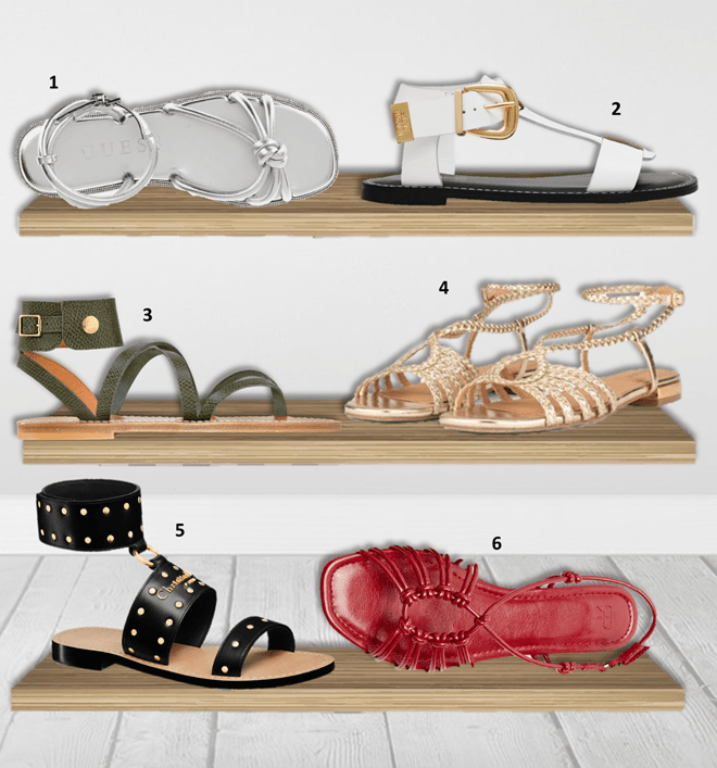 1. Sandálias Slones, 155 euros, adivinhem; 2 Sandálias Braelynn, 99,99 €, Steve Madden; 3. Sandálias, € 290, Longchamp X K. Jacques; 4. Sandálias, 29,95 euros, litoral; 5. Sandálias D-Town, 1190 €, Dior; 6. Sandals, € 25,99, Parphic.
