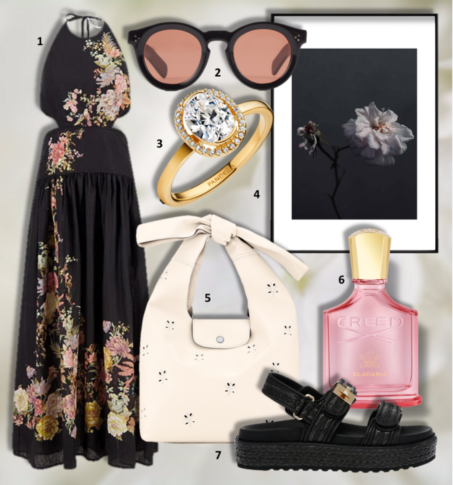 1. Vestido, €995, Zimmermann na Fashion Clinic; 2. Óculos de sol, Ace da coleção Family Affair, na André Ópticas (preço sob consulta); 3. Anel Oval Shiny Halo, €99, Pandora; 4. Foto Emotion 2, 2025, a partir de €40, L’Absence, em labsence-art.com; 5. Carteira Le Pliage Xtra M, €690, Longchamp; 6. Perfume Eladaria, 75ml, €275, Creed na Boutique dos Relógios Plus; 7. Sandálias Bigmona, €129,99, Steve Madden.
