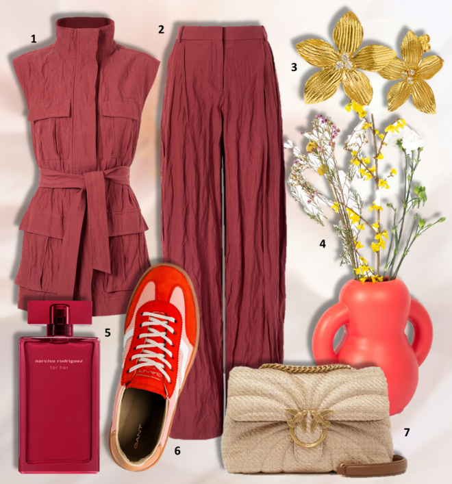 1. Colete, €99,99, Mango Selection; 2. Calças, €69,99, Mango Selection; 3. Brincos, €74,90, Eugénio Campos; 4. Jarro Oscar Coral © Home Studyo, €125, na Banema Studio; 5. Eau de parfum For Her, 100ml, €167, Narciso Rodriguez; 6. Ténis Cuzima, €120, Gant; 7. Carteira Love Puff Quilted Raffia, €395, Pinko.