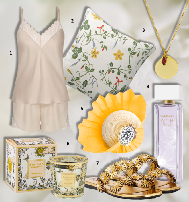 1. Conjunto Wild Azalea Florale, €65, Triumph; 2. Capa de almofada Ängspalpmal, €4,99, Ikea; 3. Colar Fay, €59, MESH Jewellery; 4. Eau de Toilette Eau Lilac White Tea, 100ml, €65,99, Elizabeth Arden; 5. Sabonete Bois Orange, €7,20, Roger & Gallet; 6. Vela, €52, Baobab Collection x Tomorrowland; 7. Sandálias, €1000, Loewe.