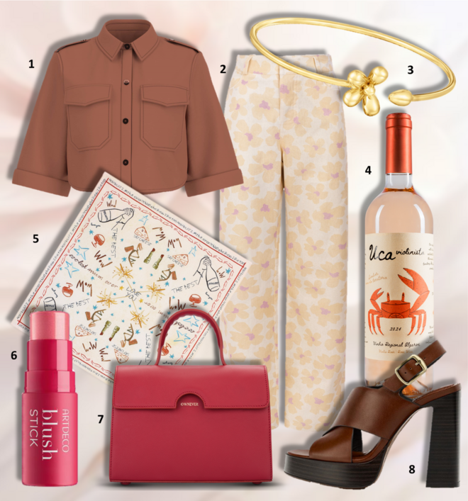 1. Camisa, €160, Marciano By Guess; 2. Calças Plum V2, €79,90, Cantê; 3. Pulseira, €189, Tous; 4. Vinho Regional Algarve Rosé, €6,90, Uca Violinista; 5. Lenço Mothersdaysilk, €35,90, Scalpers; 6. Blush Stick la Vibes Beauty & Go, €9,95, Artdeco, exclusivo na Perfumes & Companhia; 7. Carteira Amore, €590, Ownever; 8. Sandálias, €59,95, Zara.