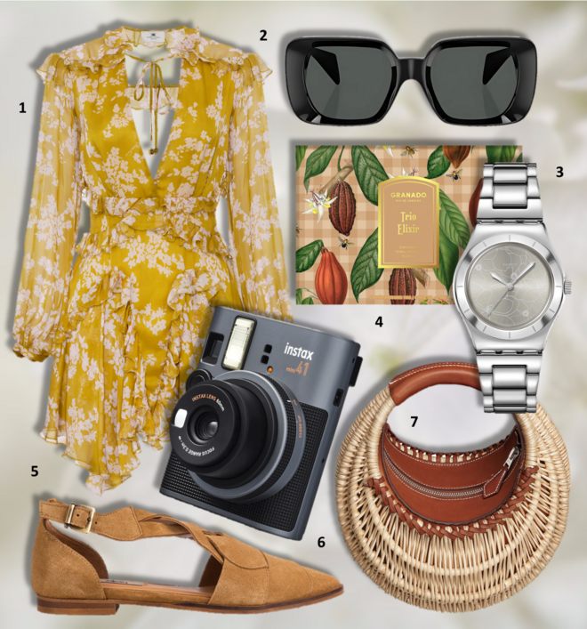 1. Vestido, €858, Elisabetta Franchi; 2. Óculos de sol, €350, Versace na Óptica Boavista; 3. Relógio Petal Bliss, €155, Swatch; 4. Coffret Trio Elixir, Granado (preço sob consulta); 5. Sapatos, €129,90, Zilian; 6. Câmara instantânea Instax Mini 41, €109,99; 7. Carteira, Hermès (preço sob consulta).