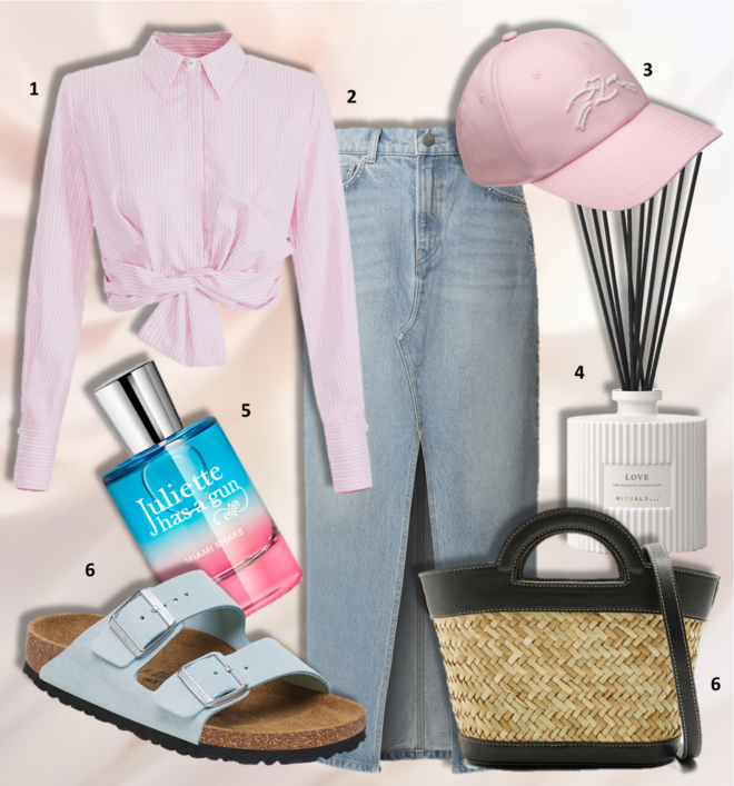 1. Camisa, €307, Elisabetta Franchi; 2. Saia, €99, Pepe Jeans; 3. Boné Ballerina, €150, Longchamp; 4. Conjunto de sticks perfumadores recarregáveis The Soulful Collection – Love, €64,90, Rituals; 5. Eau de parfum Miami Shake, 50ml, €105, Juliette Has A Gun, exclusive na Perfumes & Companhia; 6. Sandálias Arizona, €120, Birkenstock; 7. Carteira, €27,99, Parfois.