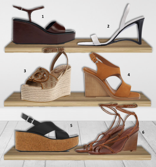 1. Sandálias, €55,95, Zara; 2. Sandálias, €99,95, Mango Selection; 3. Sandálias Tanvee, €165, Guess; 4. Sandálias, Hermès (preço sob consulta); 5. Sandálias, €99,95, Massimo Dutti; 6. Sandálias Conny, €295, ba&sh.