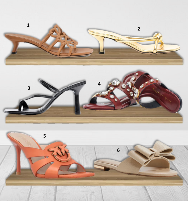 1. Mules, €850, Loewe; 2. Mules Blink, €850, Bottega Veneta na Stivali; 3. Mules, €89,99, Mango Selection; 4. Mules Velours, €438, Luís Onofre; 5. Mules, €270, Pinko; 6. Mules Eloquent, €69,95, Aldo. 