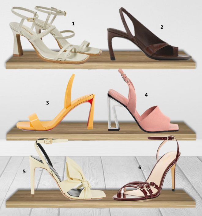 1. Sandálias, €89,95, Salsa; 2. Sandálias, €99,95, Massimo Dutti; 3. Sandálias, €795, Christian Louboutin na Fashion Clinic; 4. Sandálias Kristal, €2000, Hermès; 5. Sandálias, €588, Elisabetta Franchi; 6. Sandálias, €240, Marciano by Guess. 