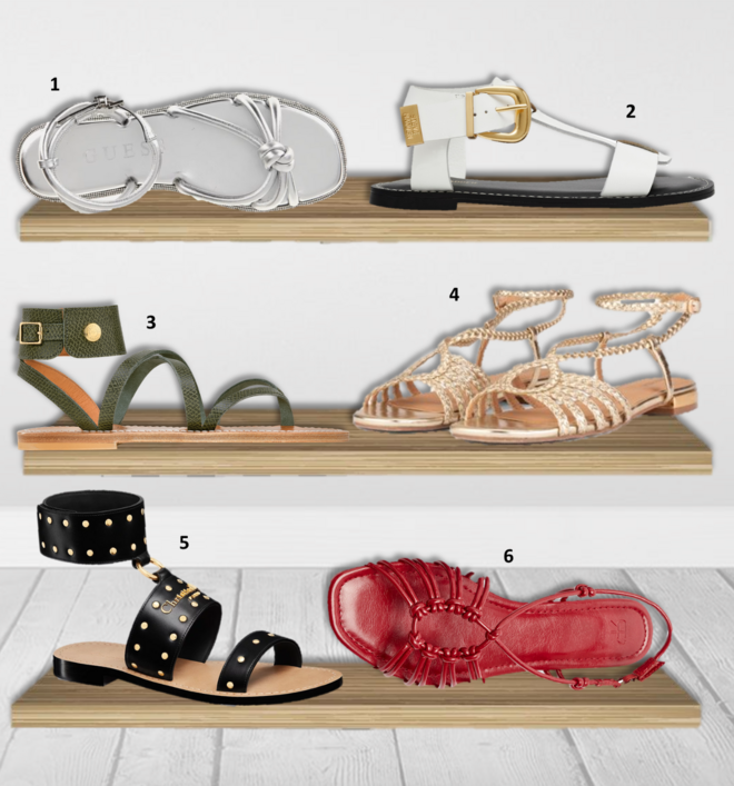 1. Sandálias Slone, €155, Guess; 2. Sandálias Braelynn, €99,99, Steve Madden; 3. Sandálias, €290, Longchamp X K. Jacques; 4. Sandálias, €29,95, Seaside; 5. Sandálias D-Town, €1190, Dior; 6. Sandálias, €25,99, Parfois.