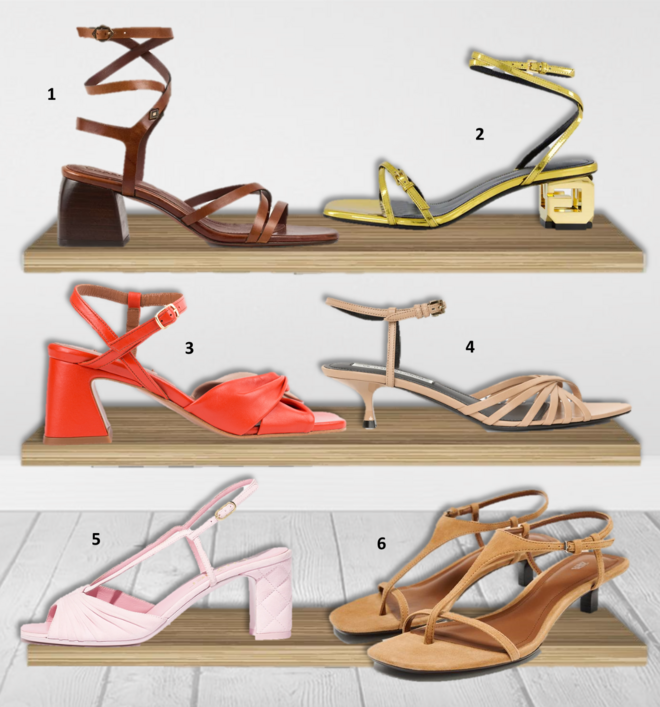 1. Sandálias Cosmo, €265, ba&sh; 2. Sandálias G Cube, €695, Givenchy na Fashion Clinic; 3. Sandálias, €139,90, Zilian; 4. Sandálias, €695, Victoria Beckham; 5. Sandálias, €1250, Chanel; 6. Sandálias, €39,95, Zara. 