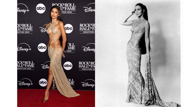 Zendaya inspirou-se no look icónico de Cher, desenhado por Bob Mackie em 1972, para o evento do Rock &amp; Roll Hall Of Fame, em 2024.