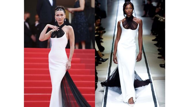 Bella Hadid em Jean Paul Gaultier no Festival de Cinema de Cannes em 2021. Naomi Campbell mostra o mesmo vestido pela primeira vez na passerella, em 2002.