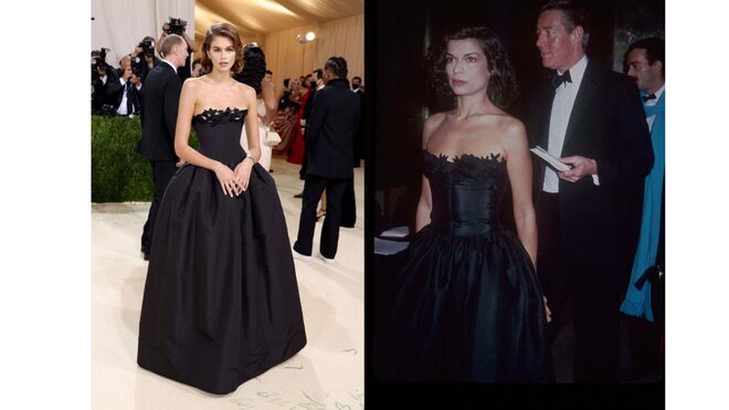 Em 2021, Kaia Gerber pediu à Oscar de la Renta para replicar o Dior usado por Bianca Jagger na Met Gala de 1981.