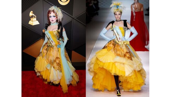 Chappell Roan com um modelo Jean Paul Gaultier nos Grammys de 2025. A modelo Mariacarla Boscono desfilou com a mesma peça na Semana de Alta Costura de Paris, em 2003.