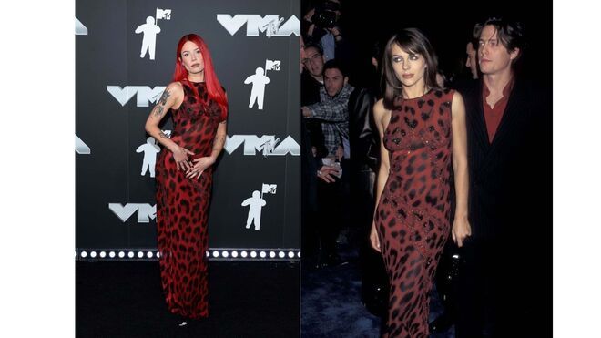 Halsey com um modelo desenhado por Gianni Versace para Elizabeth Hurley, nos MTV Video Music Awards de 2024. Elizabeth Hurley com o mesmo vestido em 1996.