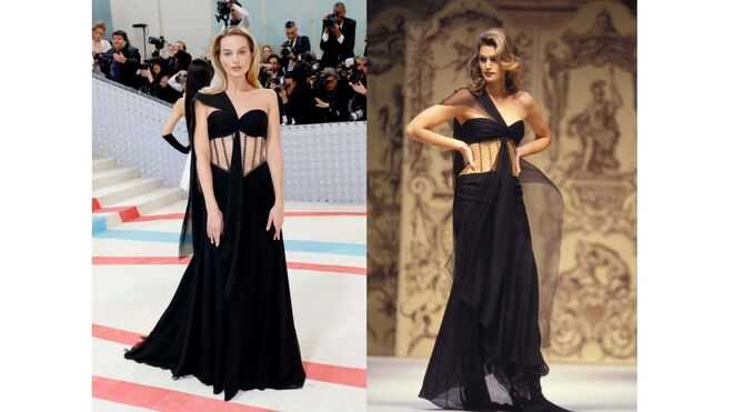 Margot Robbie em Chanel, por Karl Lagarfeld, na Met Gala de 2023. Cindy Crawford desfila com o mesmo vestido, em 1993.