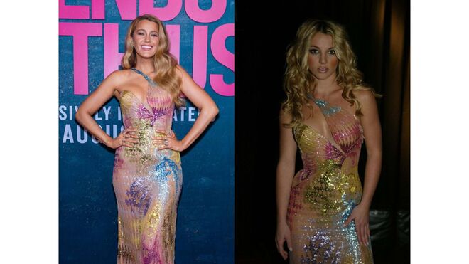 Blake Lively na estreia de "Isto Acaba Aqui", em 2024, com um modelo Versace que Britney Spears usou em 2003.