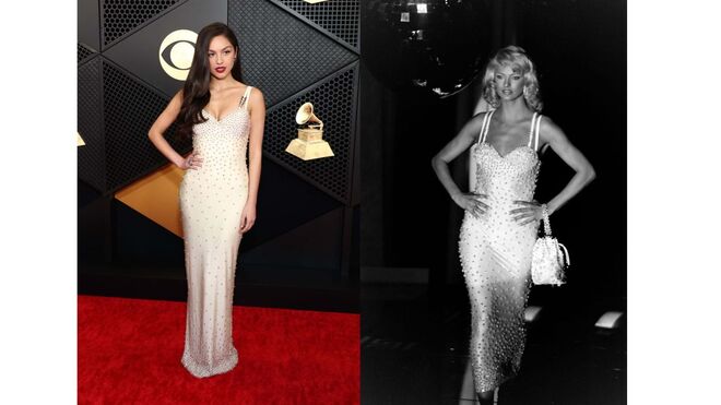 Olivia Rodrigo com uma peça Versace vintage nos Grammys de 2024 e Linda Evangelista com o mesmo vestido, em 1995.