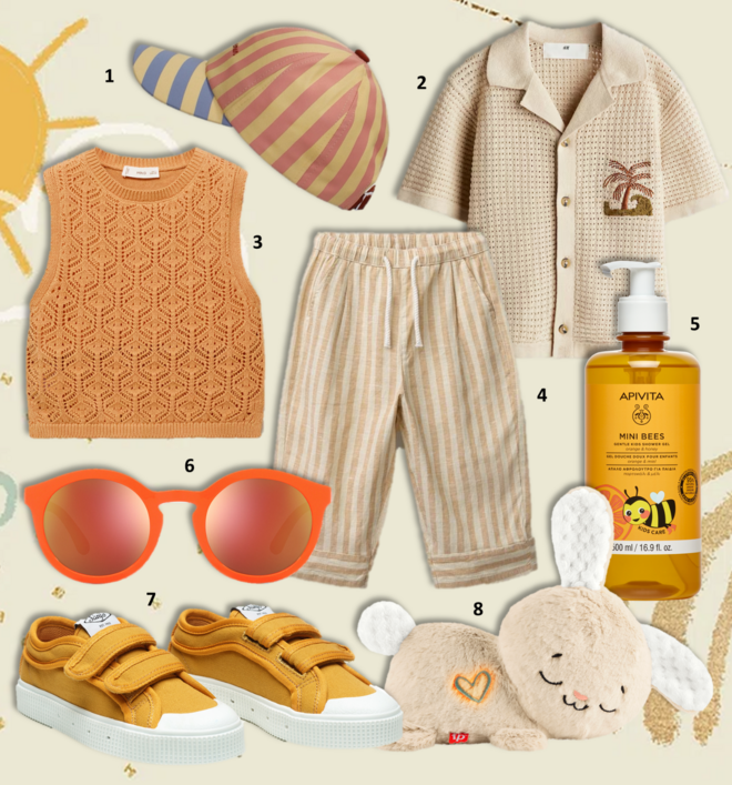 1. Boné Sticky Lemon, €24,95, Pingi ao Cubo; 2. Camisa, €17,99, HM; 3. Top, €17,99, Mango; 4. Calças, €17,95, Zara; 5. Gel de Banho Mini Bees, 500ml, €16,24, Apivita; 6. Óculos de sol Gammers, €105, Dolce &amp; Gabbana; 7. Ténis V200, €65,50, Sanjo; 8. Peluche Coelhinho Acalma e Relaxa, €44,99, Fisher-Price.