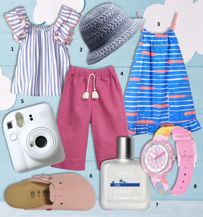 1.Top, €36,90, Lanidor; 2. Chapéu, €12,99, HM; 3. Vestido, €25.99, Zippy x Graça Paz; 4. Calças, €47, Play Up; 5. Câmara instantânea Mini 12, desde €89,99, Instax; 6. Socas, €65, Birkenstock; 7. 1ª  Água Perfumada, 50ml, €12,72, Uriage; 8. Relógio pastel Paradise, €44, Flik Flak.