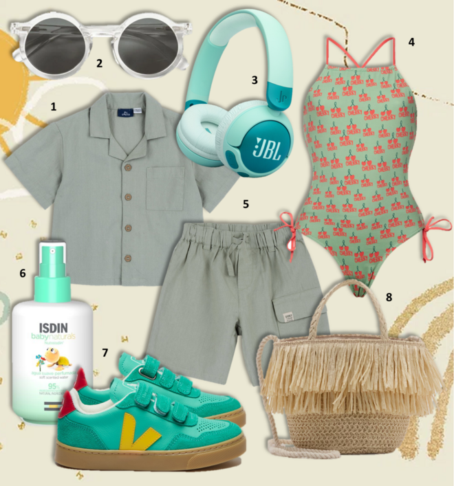 1.Camisa, desde €27,90, Chicco; 2. Óculos de sol Darla Liewood, €31, Pingi ao Cubo; 3. Auscultadores Junior 320BT, €49,99, JBL; 4. Fato-de-banho Jane, €56,50, Latitid; 5. Calções, desde €25,99, Chicco; 6. Água Perfumada Babynaturals, 200ml, €14,90, Isdin; 7. Ténis V-90 Fresh Mint Sunshine, €99,  VEJA x THE CAMPAMENTO; 8. Carteira, €19,99, Mango.