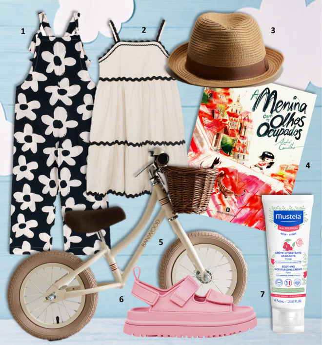 1.Jardineiras Cleo V2, €59,90, Cantê; 2. Vestido, €27,99, Mango; 3. Chapéu, €9,99, HM; 4. Livro A menina com olhos ocupados, André Carrilho, €12,20, Bertrand; 5. Bicicleta Banwood, €149, Zara; 6. Sandálias Golden Glow, €75,95, UGG; 7. Creme de rosto hidratante 0% perfume, 40ml, €10,68, Mustela.